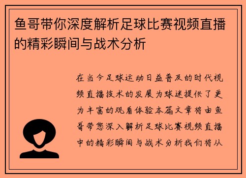 鱼哥带你深度解析足球比赛视频直播的精彩瞬间与战术分析